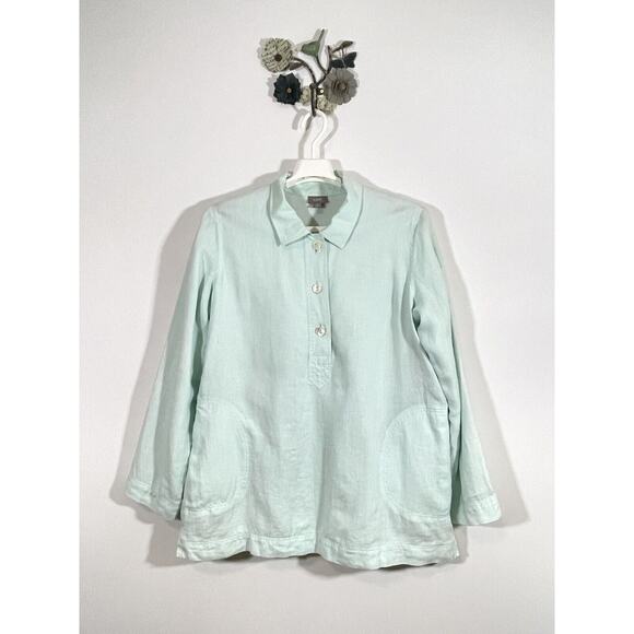 J.Jill Seafoam Green Long Sleeve 3 Button Tunic Jersey Lined Linen Pockets Small - Picture 1 of 11
